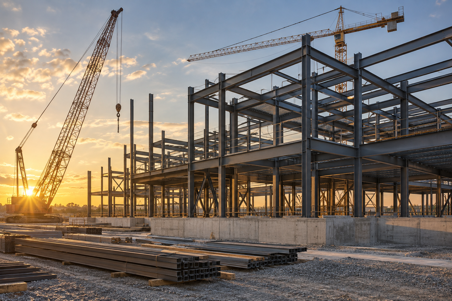 Illustrative construction project with steel beams and cranes