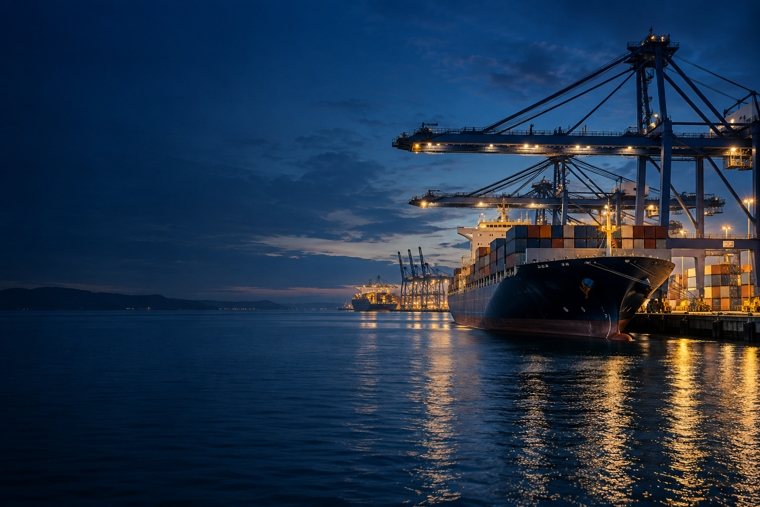 Illustrative cargo ship and containers at an international port