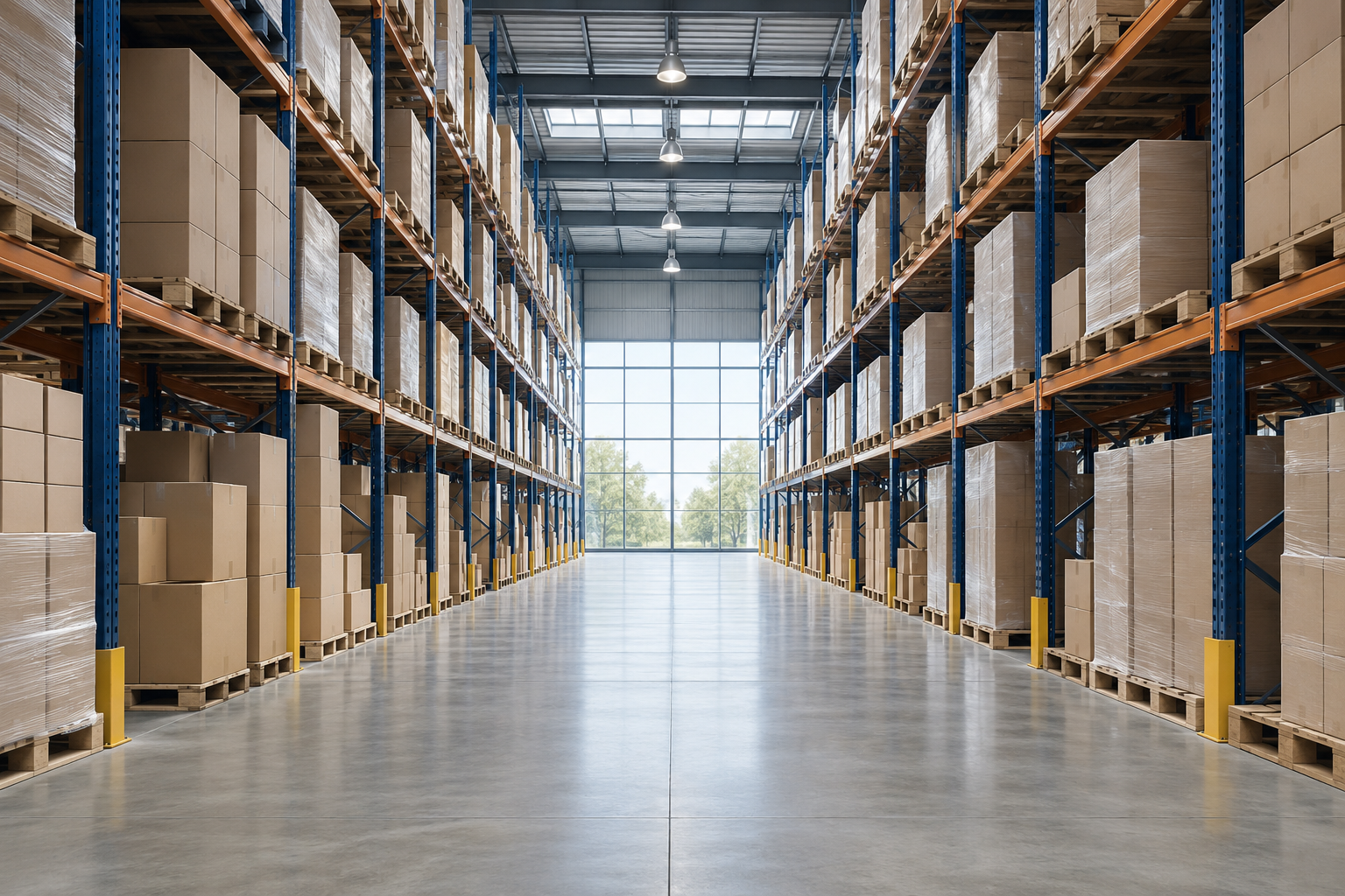 Illustrative warehouse with organized product inventory