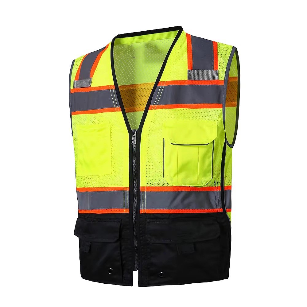 Lime safety vest with reflective bands, orange trim and black lower pockets